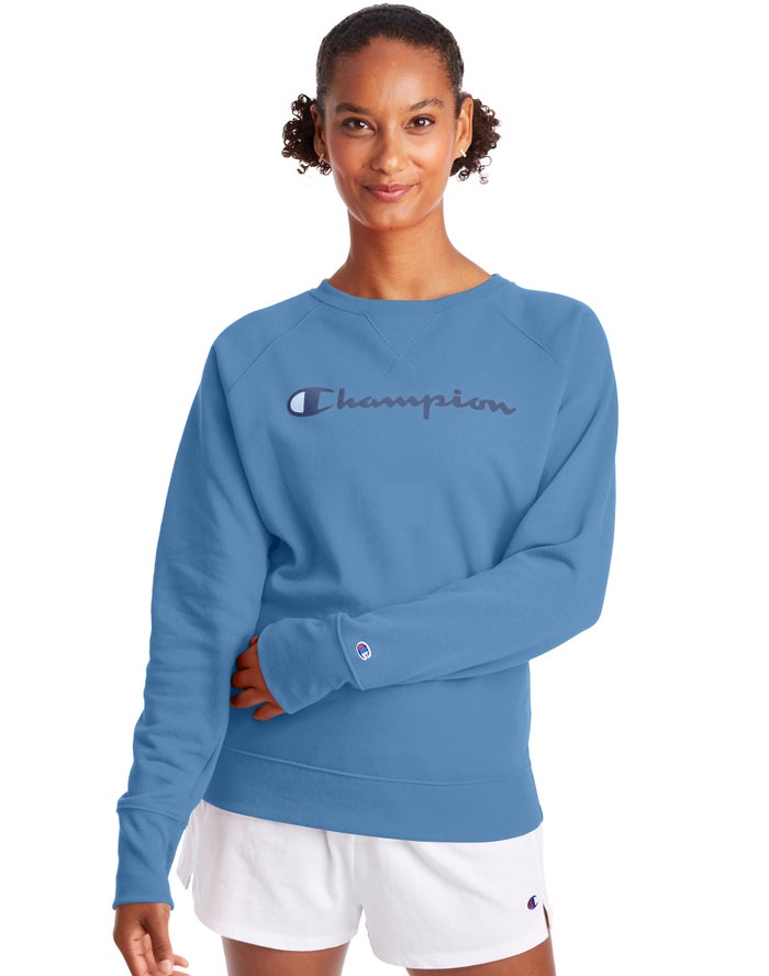 Champion Womens Sweatshirt NZ - Powerblend Fleece Classic Crew Script Logo Blue ( 9627-CHFUO )